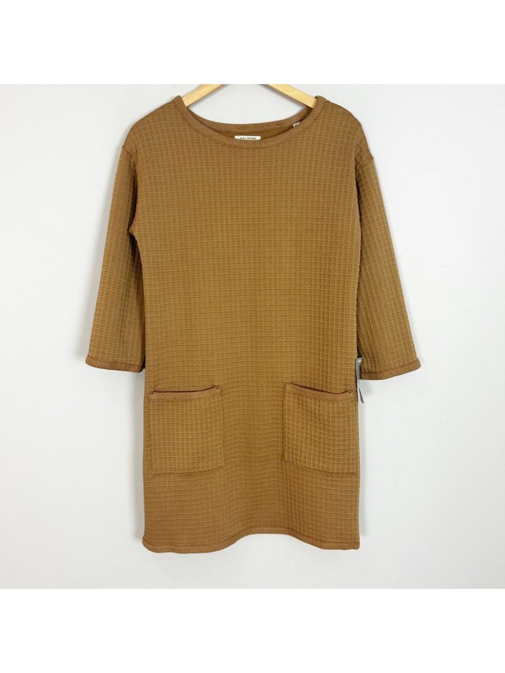 NEW Max Studio Brown Textured Shift Dress Long Sleeve Soft Knit Size Small Women